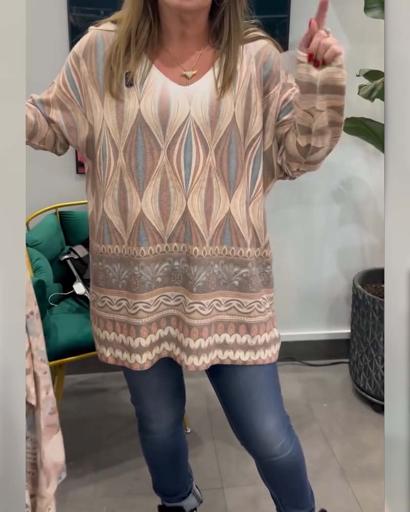 Top geometrischer Diamantdruck langärmlig V-Ausschnitt