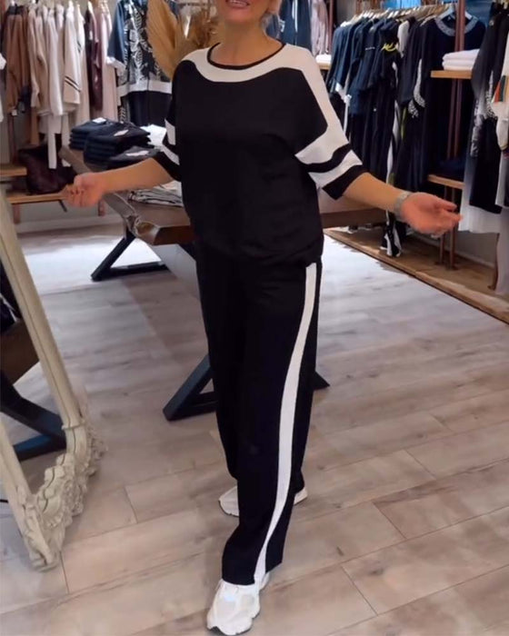 Set kurzärmlig Kontrastfarbe lässige gerade Hose