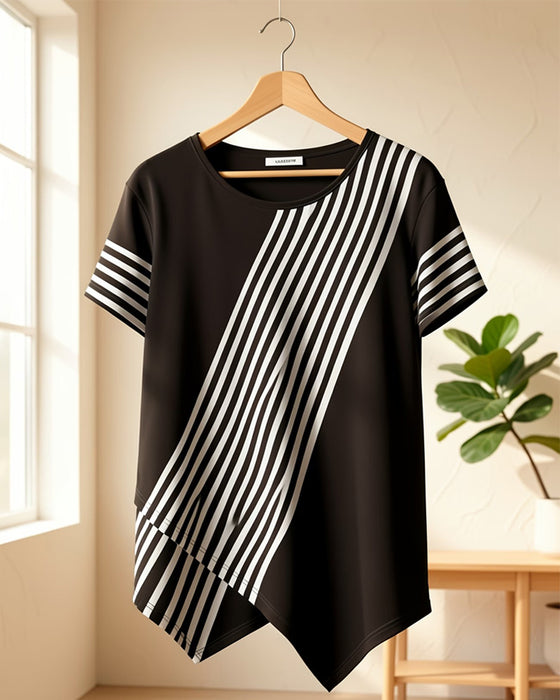 T-Shirt Diagonaler Streifen Patchwork Rundhals