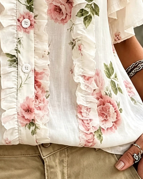 Bluse Blumen Rüsche Doppellagig Saum