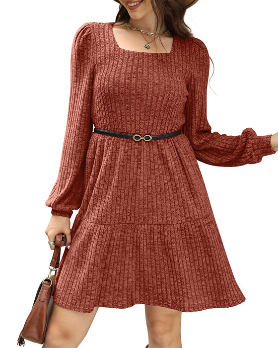 🍂2025 Herbst Neue Kollektion⏰ Damenkleid mit Quadrat-Ausschnitt, Laternenärmeln und Rippstruktur