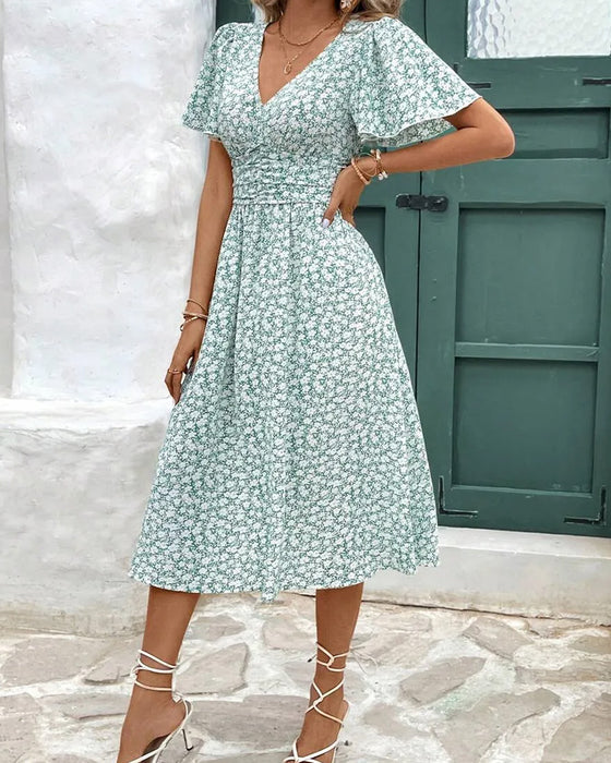Kleid Blumen V-Ausschnitt Taille