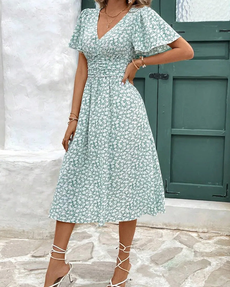 Kleid Blumen V-Ausschnitt Taille