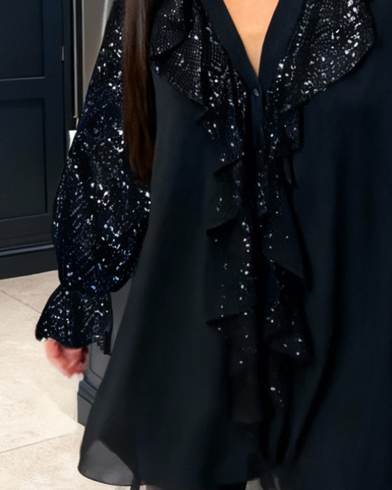 Unifarbene lockere Blusen mit Rüschen