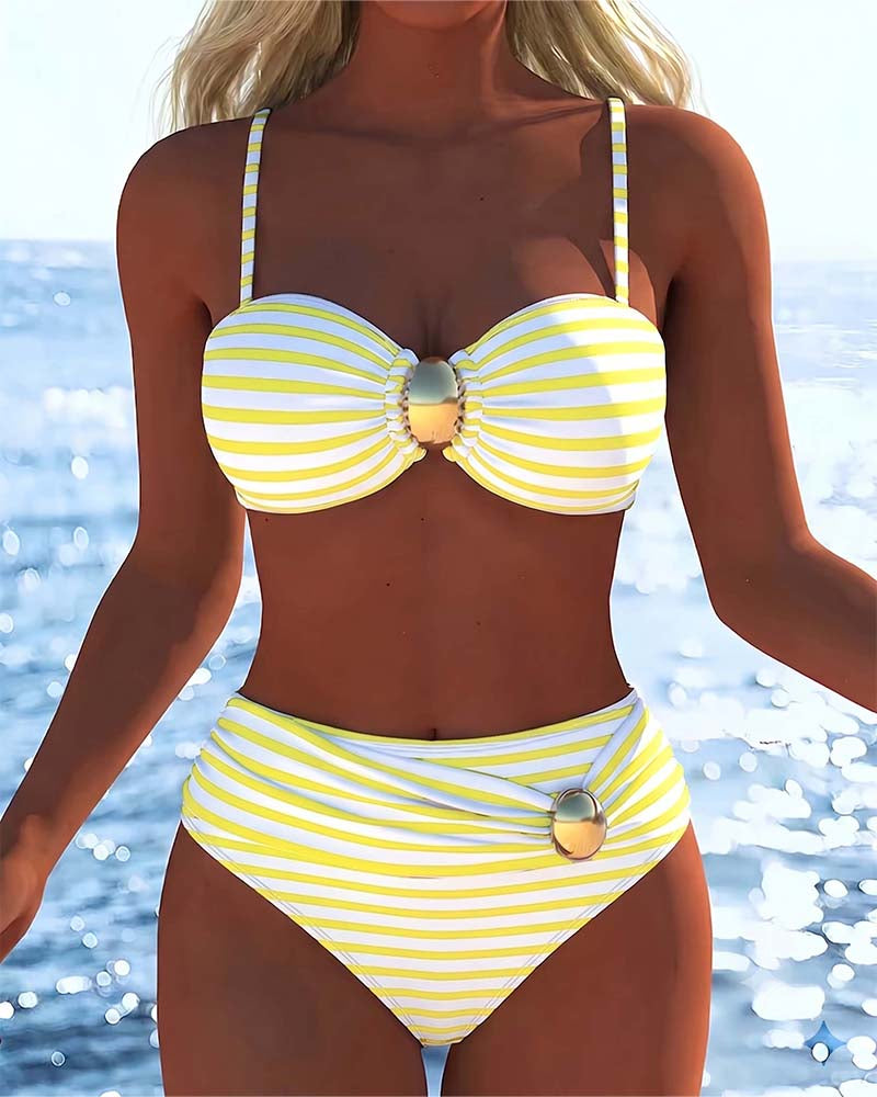 Bikini Spaghettiträger Gestreifter Plastikknopf