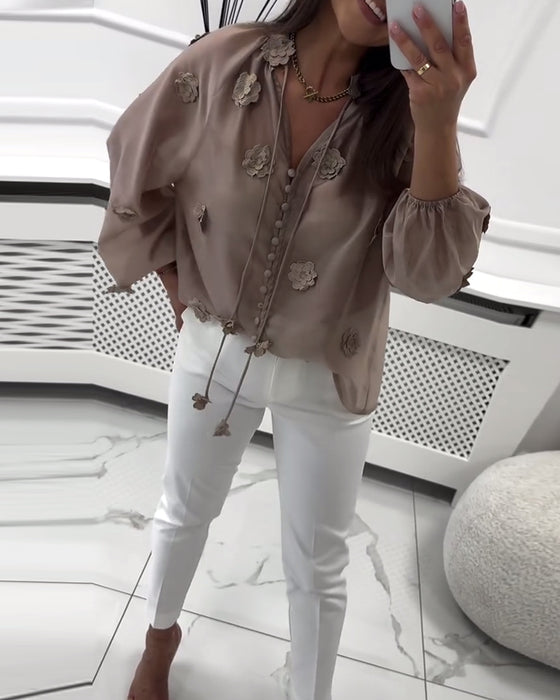Bluse einfarbig 3D-Blumen Schnürung