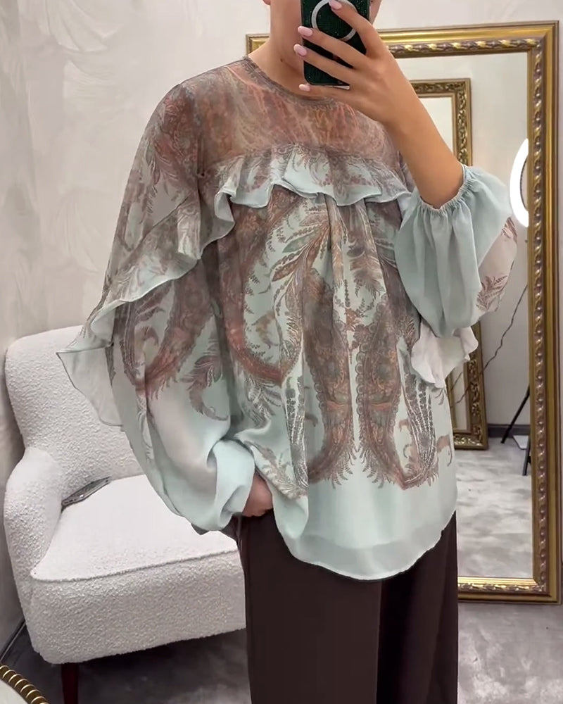 Elegante Bluse mit Print und Rüschen am Rundhalsausschnitt