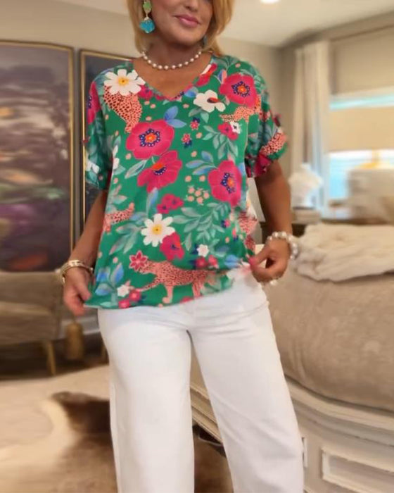 Bluse mit V-Ausschnitt Blumenmuster Kurzarm