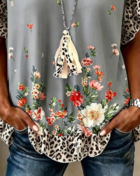 T-Shirt Leopard Patchwork Blumenprint