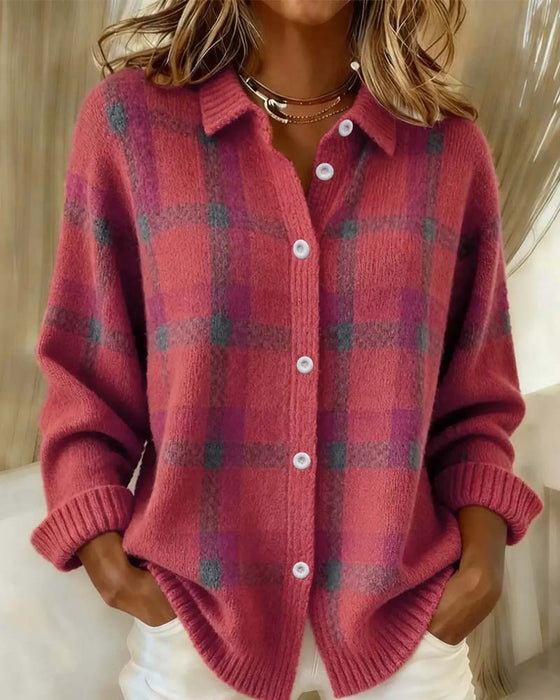 Strickjacke Karomuster Hemdkragen Geknöpft