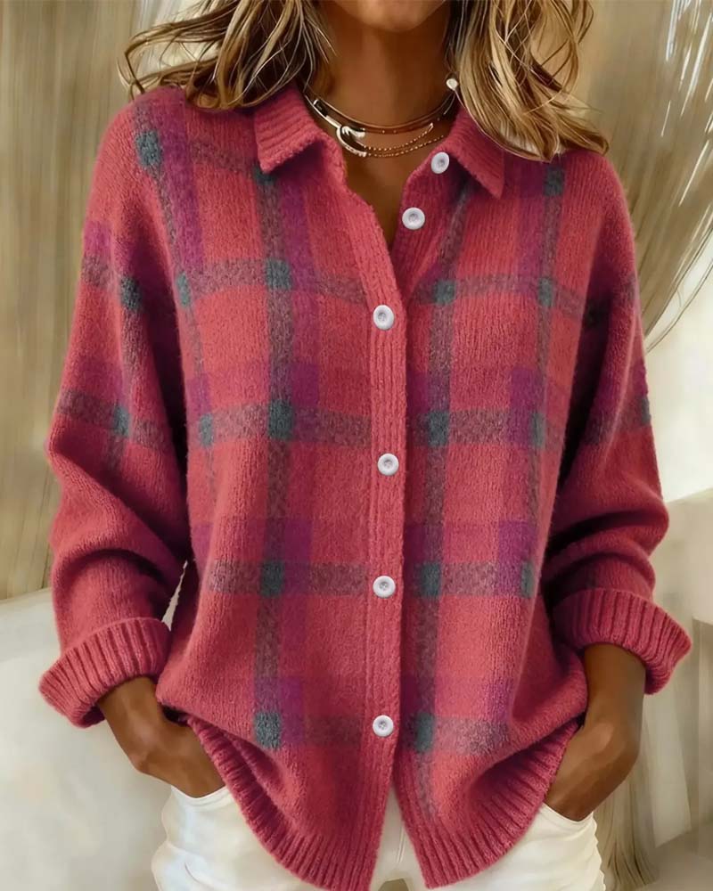 Strickjacke Karomuster Hemdkragen Geknöpft