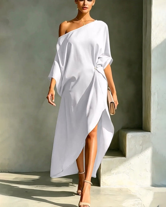 Kleid Off-Shoulder Gerafft Unregelmäßig Einfarbig