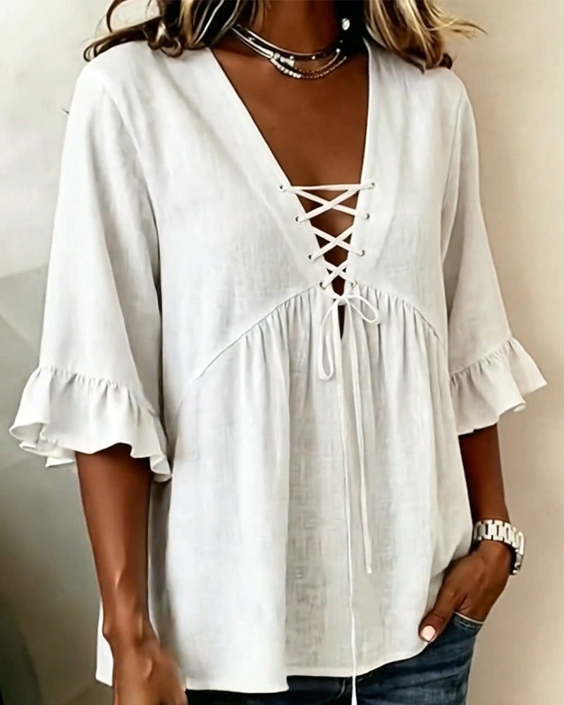Bluse Unifarben V-Ausschnitt Rüsche