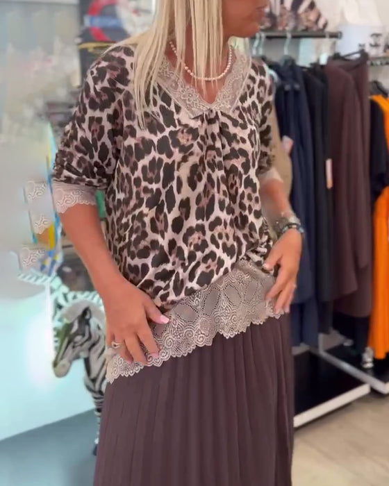 Bluse V-Ausschnitt Leopardenmuster Spitzen-Einsätze