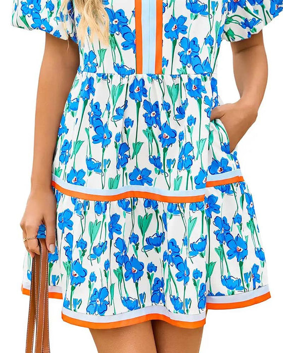 Kleid V-Ausschnitt Blumig Blasenärmel Patchwork