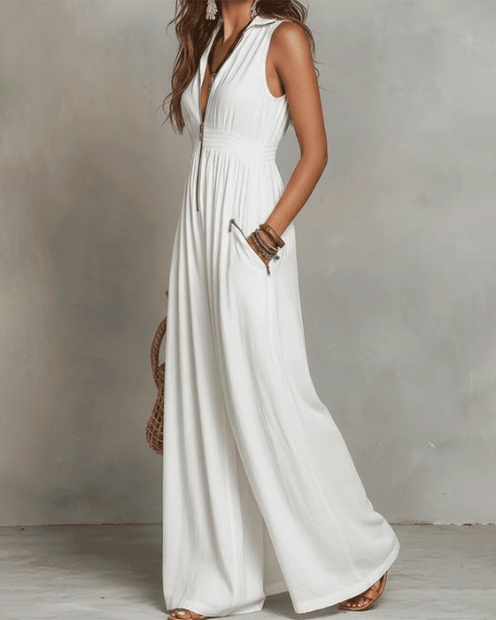 Kleid Revers Ärmellos Reißverschluss Lang