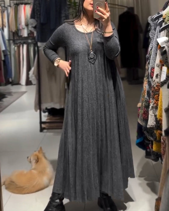 Kleid Runder Halsausschnitt Gekräuselt Locker Lang