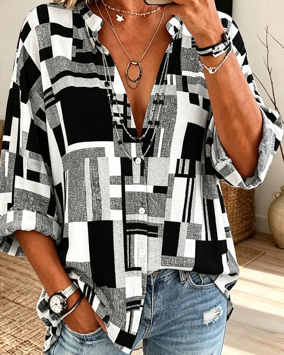 Bluse Geometrischer Druck V-Ausschnitt Locker