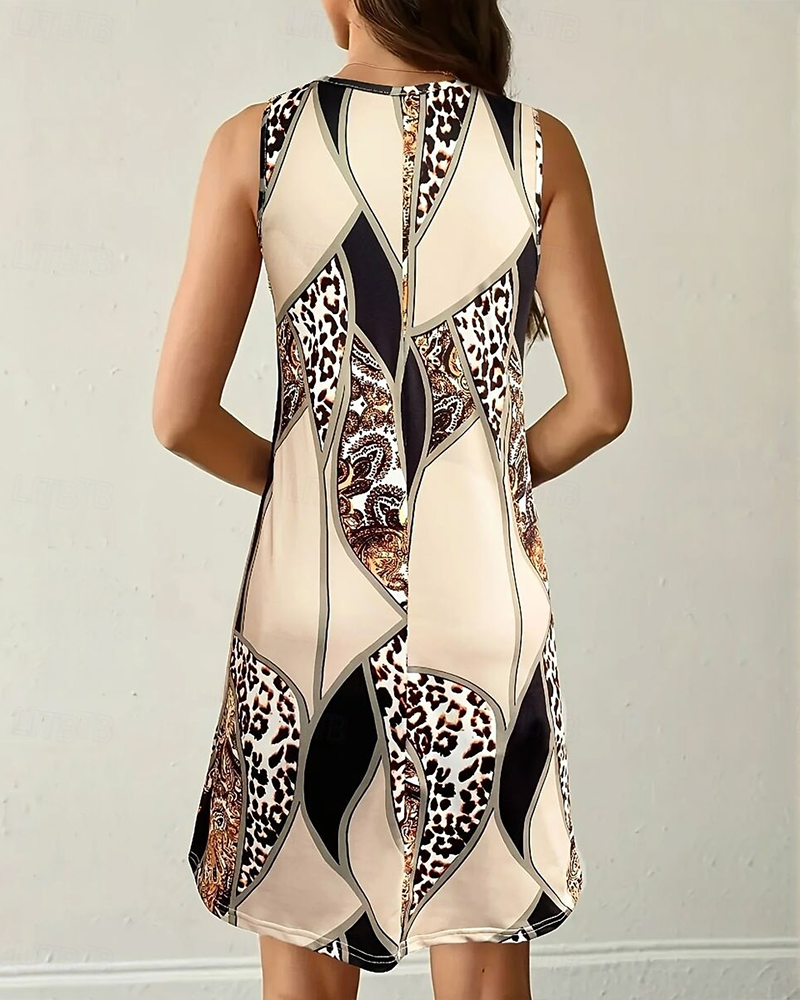 Kleid Ärmellos Leopard Patchwork A-Linie