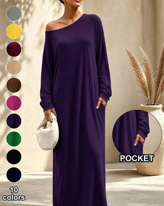 Kleid Asymmetrisch Off-Shoulder Langarm Tasche Maxi