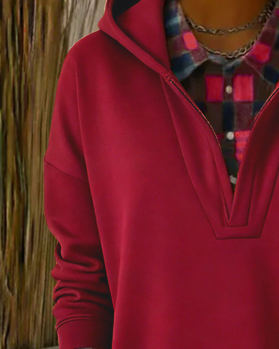 Kapuzenpullover Fake-Zweiteiler kariertes Patchwork
