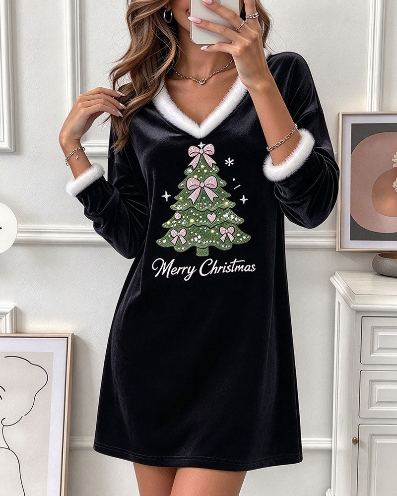 Kleid V-Ausschnitt Pelz Kragen Weihnachtsbaum Langarm