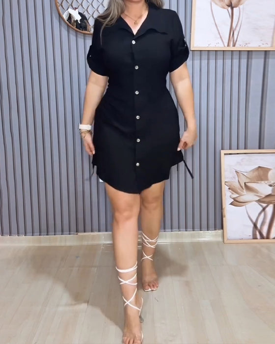 Kleid Revers Kurzarm Kordelzug Hemd