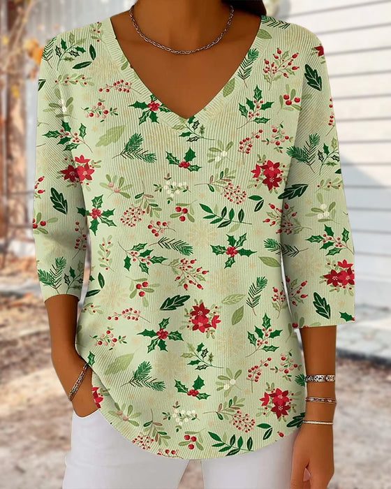 Damen Stricktop mit Weihnachtsdruck, V-Ausschnitt, 3/4-Ärmeln, Casual-Stil und lockerer Passform