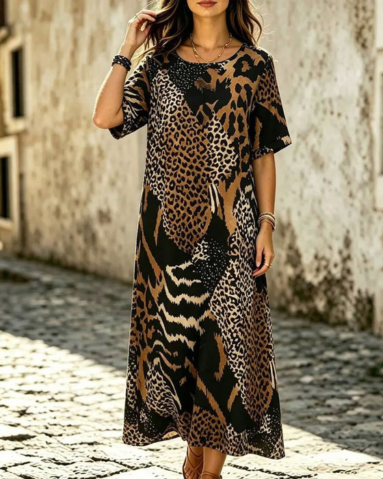 Kleid Rundhals Halbarm Leopardenmuster Ausgestellt