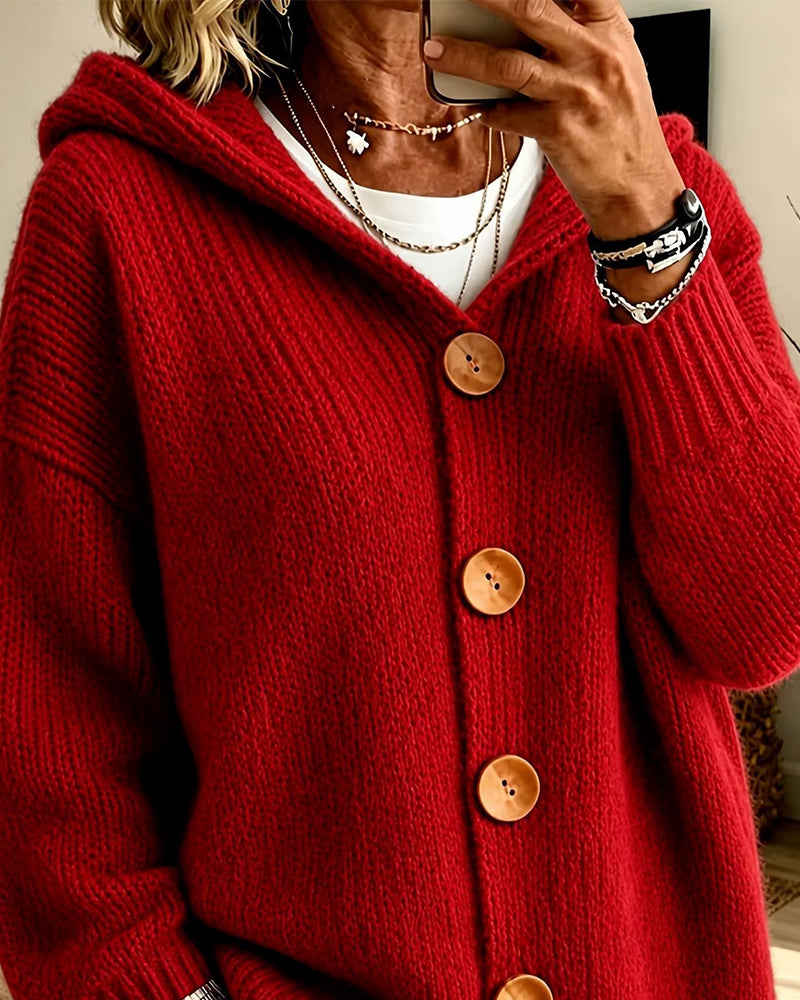 Pullover Kapuze Knopf-Leiste Locker Unifarben