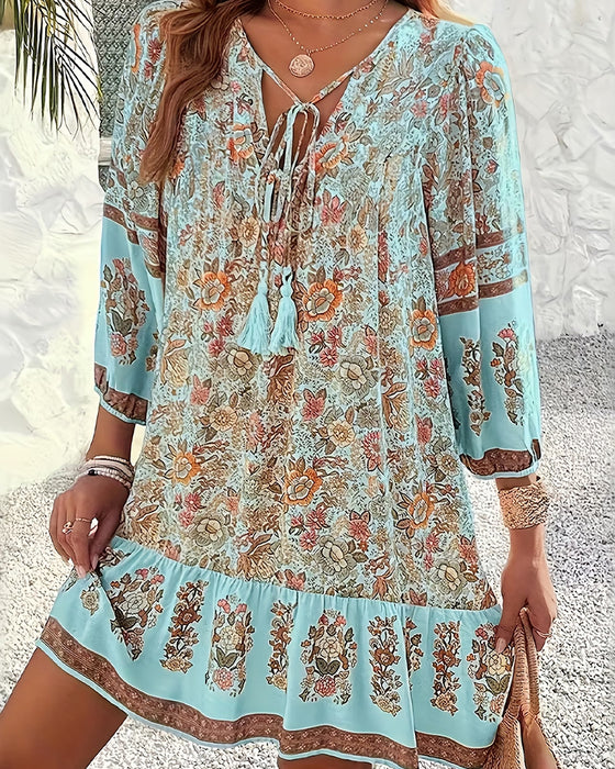 Kleid V-Ausschnitt Bindung Rüsche Blume