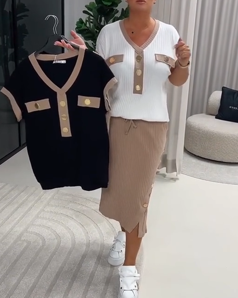 T-Shirt V-Ausschnitt Modisch Rippig Knopf