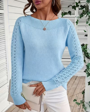 Pullover Bootsausschnitt Hohl Aus Langarm Gestrickt
