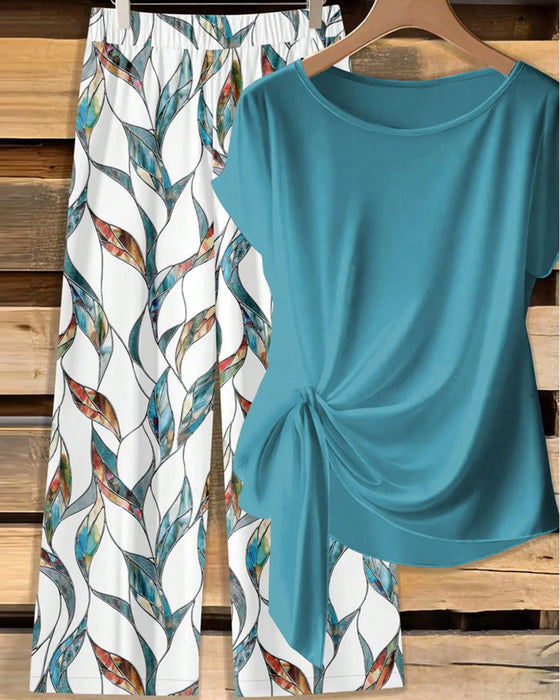 Set Knoten Bluse Print Weites Bein Hose