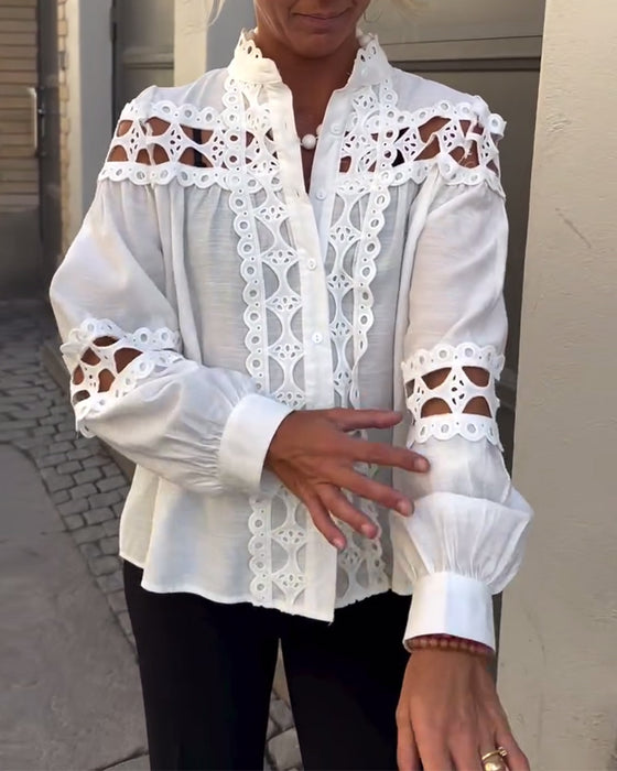 Bluse Stehkragen Hohl Spitze