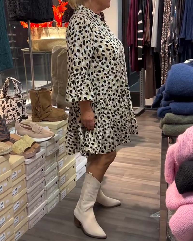 Kleid Glockenärmel Stehkragen Gedruckt