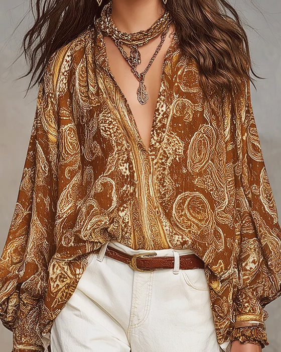 Bluse V-Ausschnitt Print Lässig