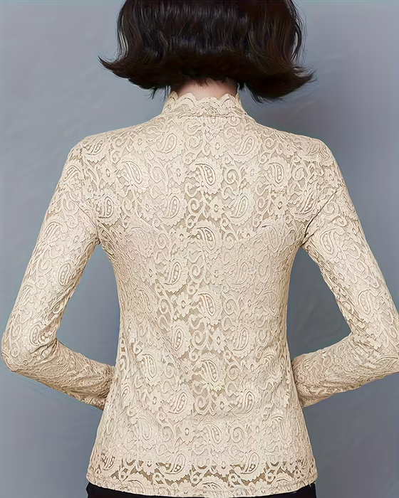 Top Elegant Unifarben Halbausschnitt Langarm Spitze