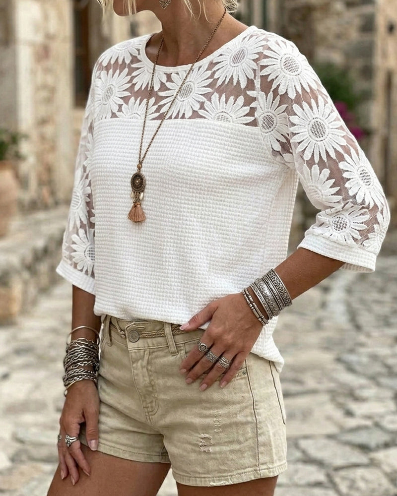 T-Shirt Runder Hals Spitze Waffel Patchwork