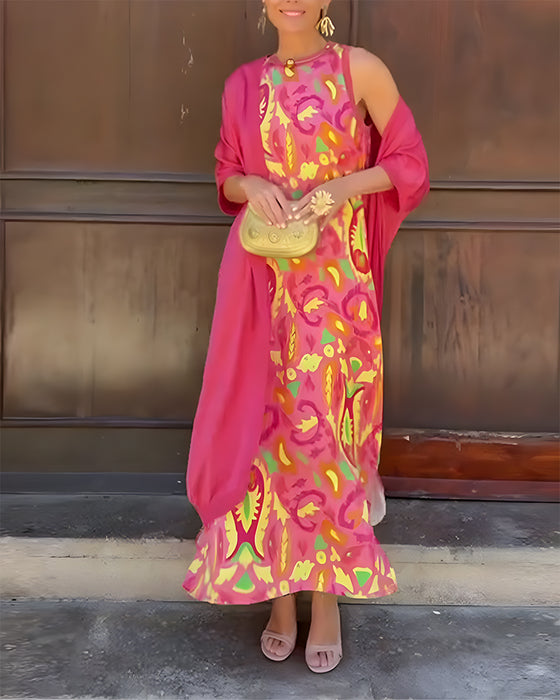 Set Ärmelloses Langes Kleid Mit Langer Strickjacke