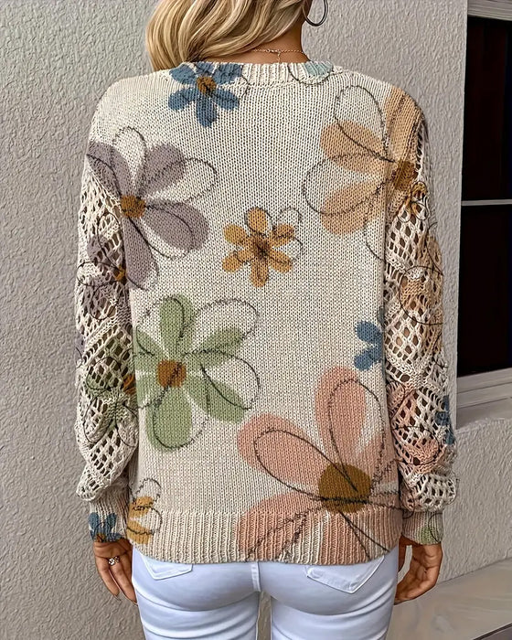 V-Ausschnitt Lochmuster-Strickpullover