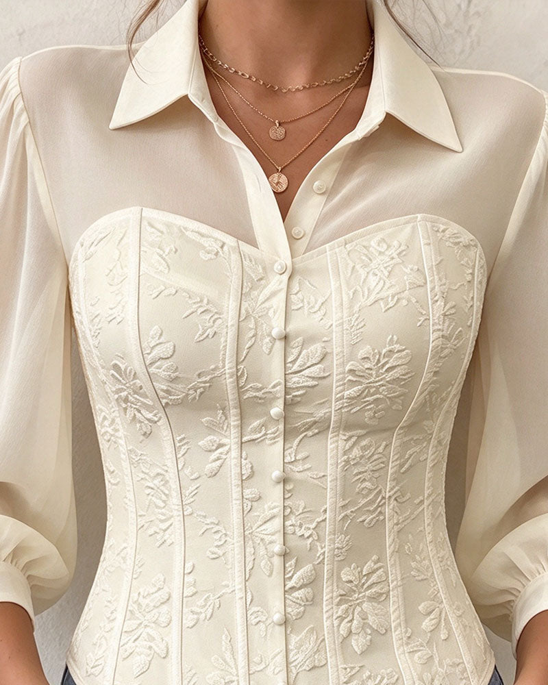 Bluse Revers Geknöpft Taille Slim Fit