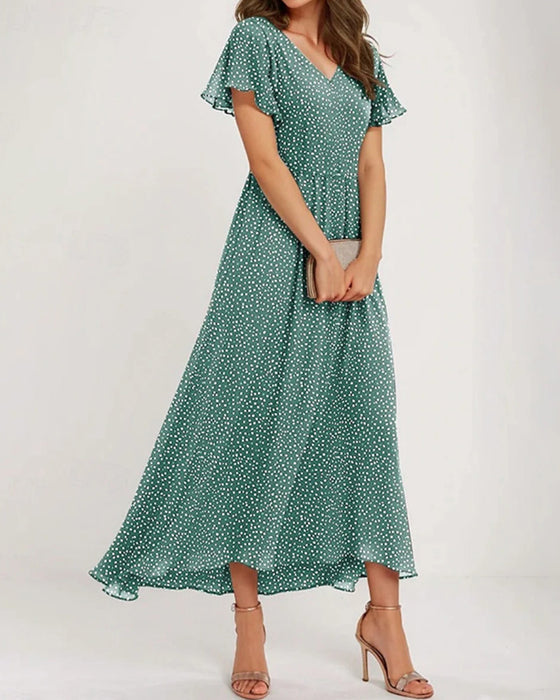 Kleid V-Ausschnitt Rüschensaum Punkte