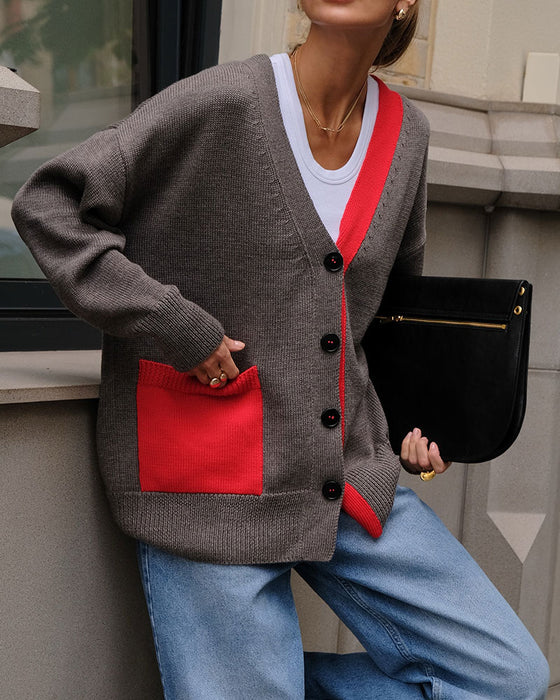 Strickjacke Kontrast V-Ausschnitt Knopf
