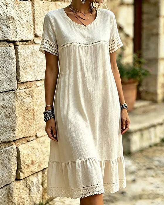 Kleid Spitze Rüsche Rund-Hals Kurzarm