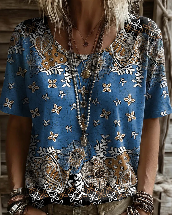 T-Shirt Vintage Blumig Farbblock Rundhals
