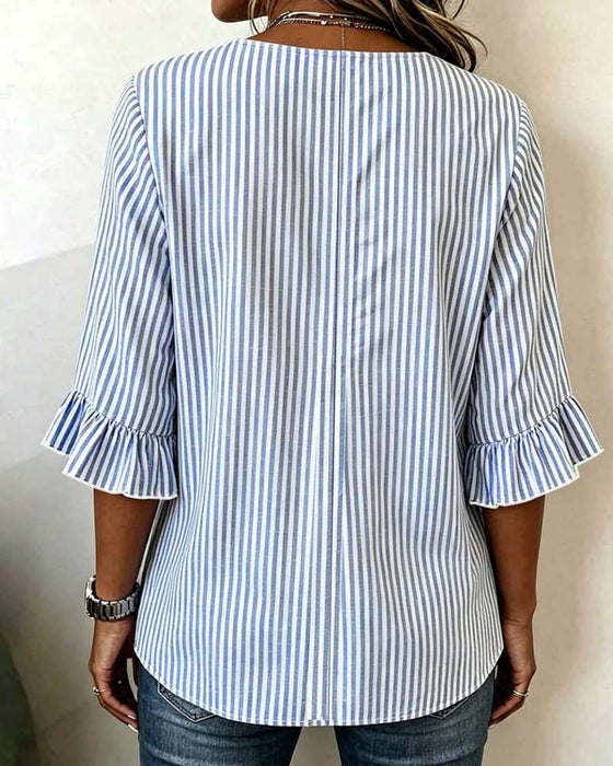Bluse Mini V-Ausschnitt Rüsche Streifen Knopf