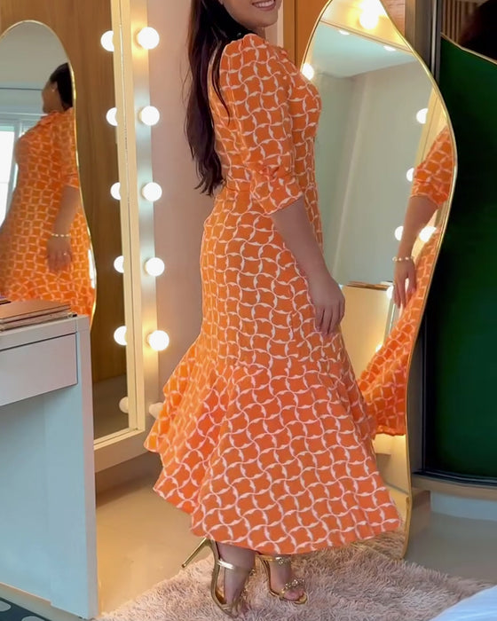 Kleid Halbarm Rundhals Taillenprint