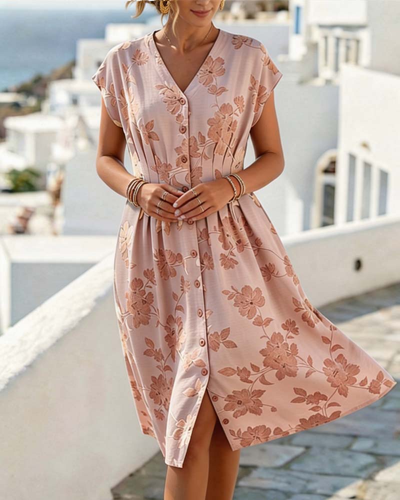 Kleid V-Ausschnitt Print Tailliert Knopfleiste