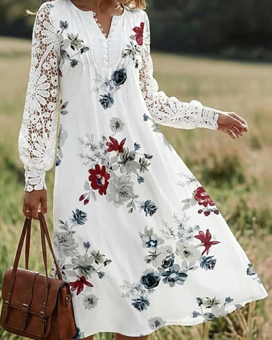 Kleid V-Ausschnitt Blumen Knopf